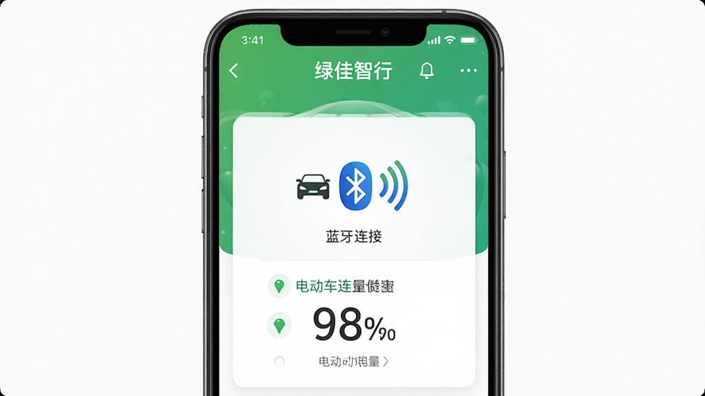 绿佳智行软件界面展示,主体为手机屏幕显示蓝牙已连接状态与电动车电量信息,布局居中,排版简洁,风格科技清新,细节包含车辆图标、蓝牙信号波纹、电量百分比数字,画质清晰,干净,无多余元素