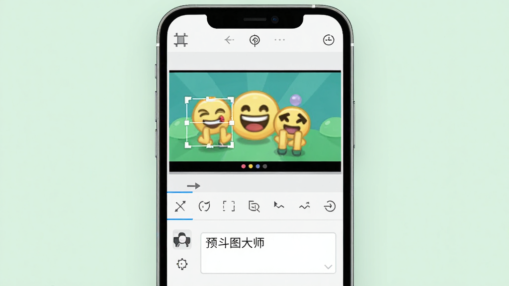 表情包斗图大师编辑界面,主体为手机屏幕展示GIF编辑工具栏,布局为上方预览下方编辑选项,排版整齐,风格为清新浅色,细节包括裁剪框和文字输入框,画质清晰,干净,无多余元素