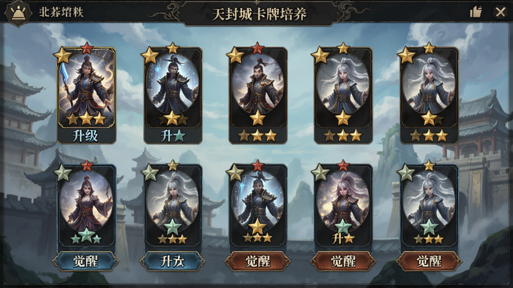 天封城卡牌培养界面,展示多张卡牌以星级排列,每张卡牌有升级、升星、觉醒按钮,界面风格古风奇幻,布局清晰,细节精致,画质高清,干净无多余元素