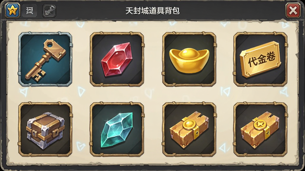 天封城道具背包界面,展示开箱钥匙、灵石、元宝、代金卷等道具图标,排列整齐,风格简洁奇幻,细节清晰,画质高清,干净无多余元素