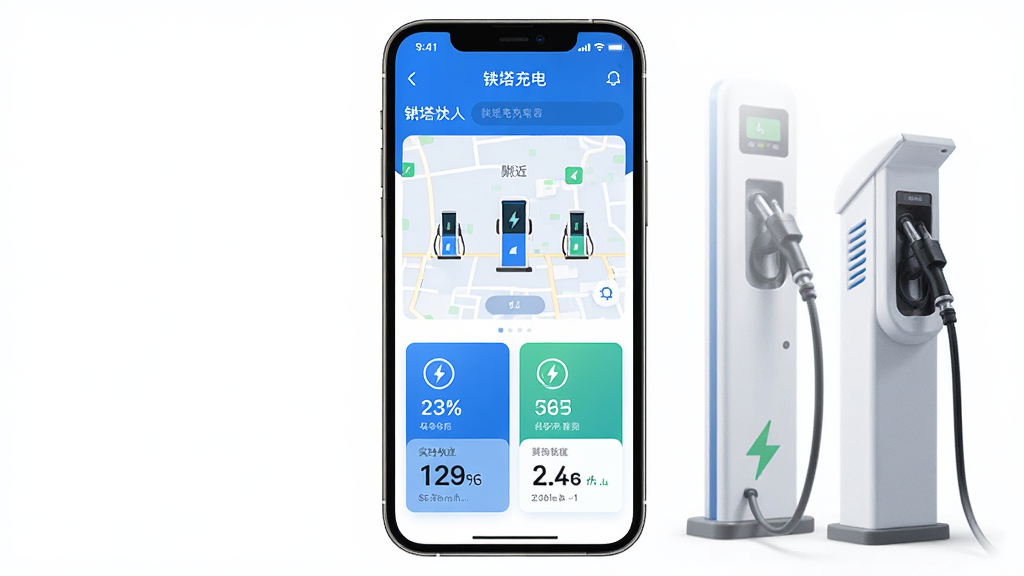 铁塔充电APP主界面展示,手机屏幕中显示附近充电桩地图和充电状态卡片,主体为手机和充电桩,布局居中,排版清晰,风格为现代科技感,细节包括蓝色调UI、充电图标、实时数据,画质高清,干净,无多余元素