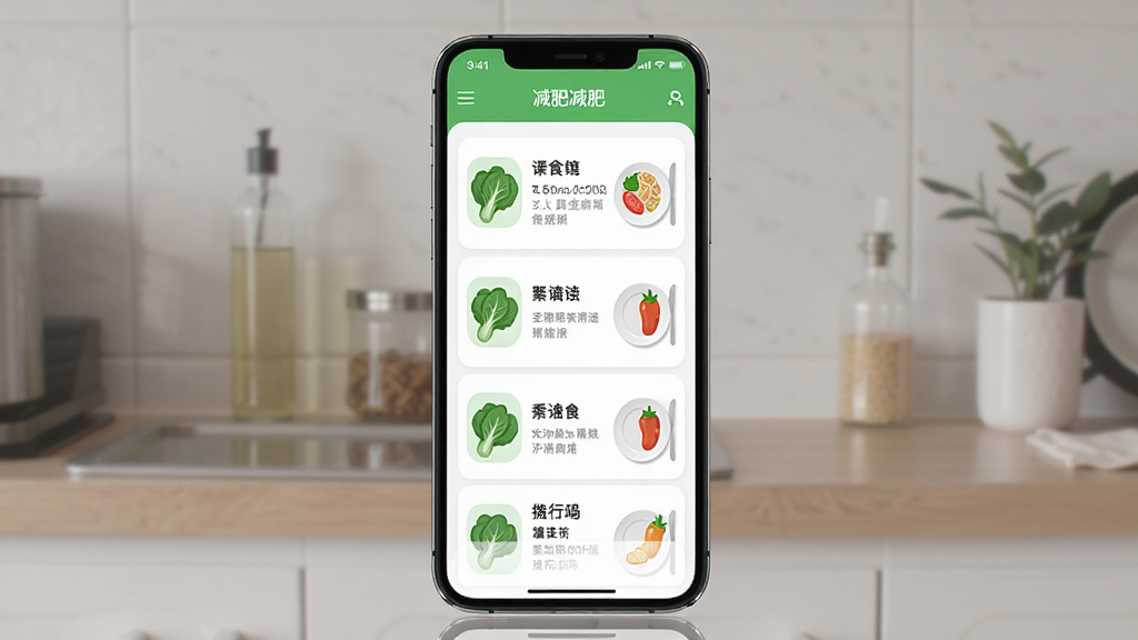 一款名为减肥的手机应用界面展示一周食谱列表,主体为手机屏幕,布局居中,排版清晰,风格清新健康,细节包含绿色蔬菜图标与餐盘元素,画质高清,干净,无多余元素