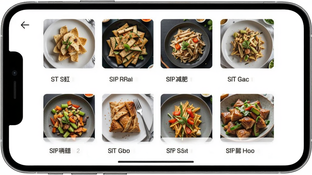 减肥应用内菜谱分类页面,主体为手机界面展示多个美食分类标签与缩略图,布局为网格排列,排版整齐,风格现代简约,细节包含各类菜品小图与分类名称,画质清晰,干净,无多余元素