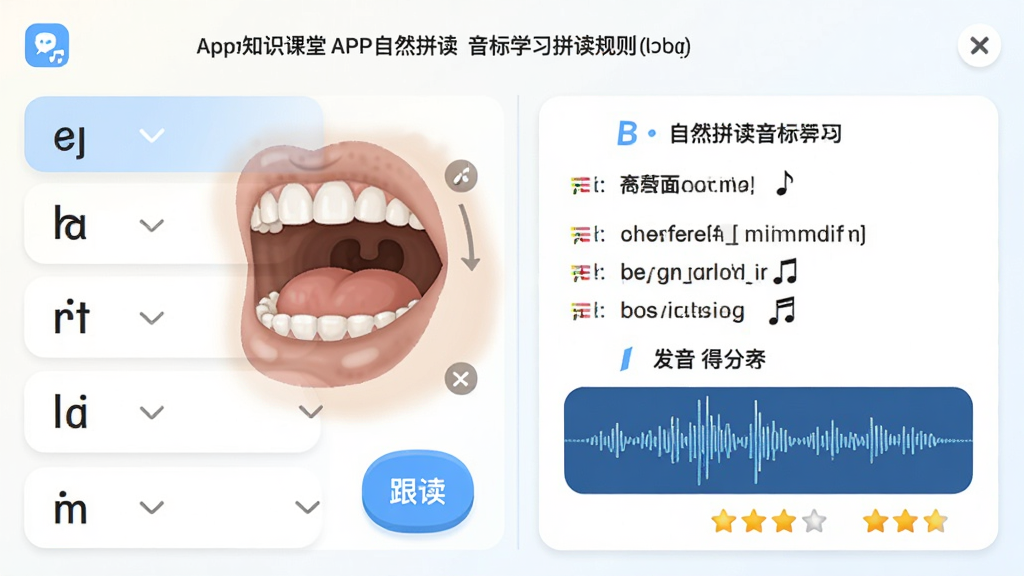 知识课堂APP自然拼读与音标学习页面,主体为音标发音口型图和拼读规则卡片,布局为上下分栏展示,排版为左侧音标列表右侧发音要点,风格为清爽教育风,细节包含跟读按钮、发音波形图、得分星级,画质高清干净无多余元素