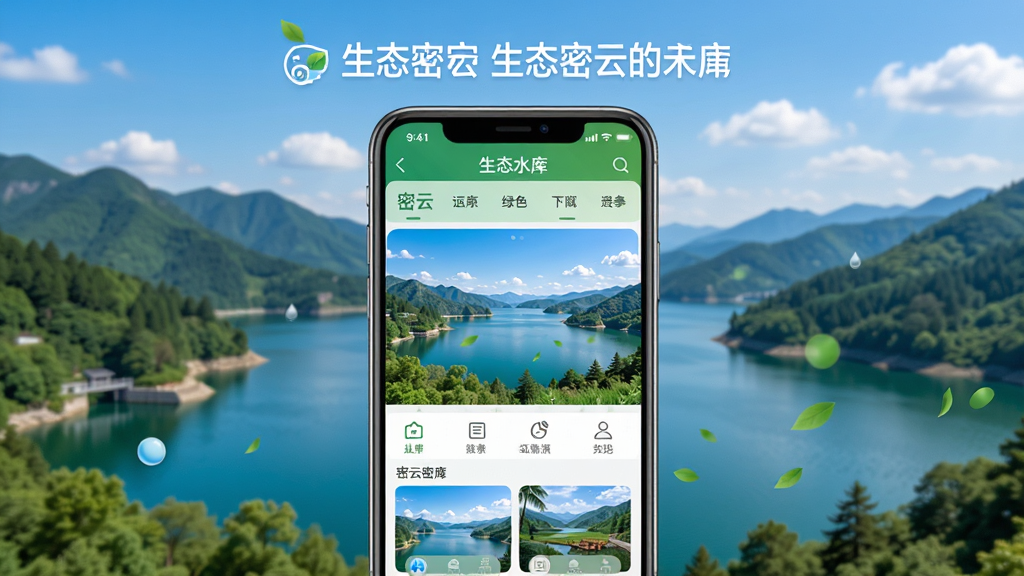 ��̬����App����չʾ����ˮ��羰����ɫ��̬��Դ������Ϊ�ֻ���Ļ��ʾApp��ҳ������Ϊ�ֻ����з��ã��Ű��Ϸ�Ϊ�����·�Ϊ�����ͼ�����������Ȼ��ϸ�ڰ���ˮ�⡢ɽ�֡������Ԫ�أ����ʸ��壬�ɾ����޶���Ԫ��