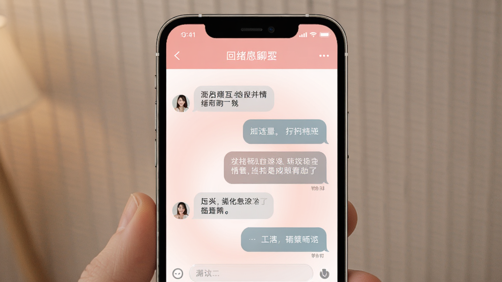 回应APP情绪匹配聊天界面,主体为手机屏幕展示匿名聊天窗口,布局居中,排版简洁,风格温暖柔和,细节包括粉色渐变背景和聊天气泡,画质清晰干净无多余元素