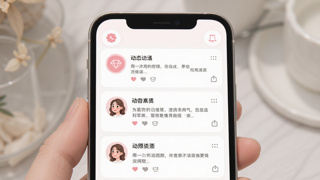 回应APP内容广场界面,主体为手机屏幕展示女性用户动态列表,布局为上下滑动信息流,排版清晰,风格清新淡雅,细节包括粉色系图标和柔和文字,画质高清干净无多余元素