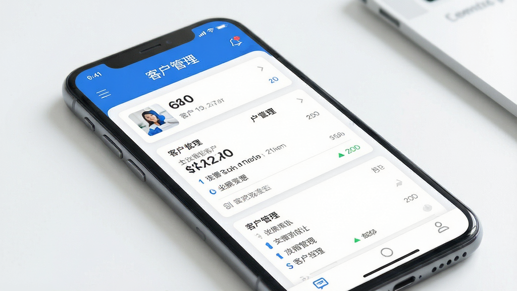 智慧营销软件界面展示,主体为手机屏幕显示客户管理列表,布局为上下结构,排版清晰,风格简约商务,细节为蓝色主色调搭配白色卡片,画质高清,干净,无多余元素