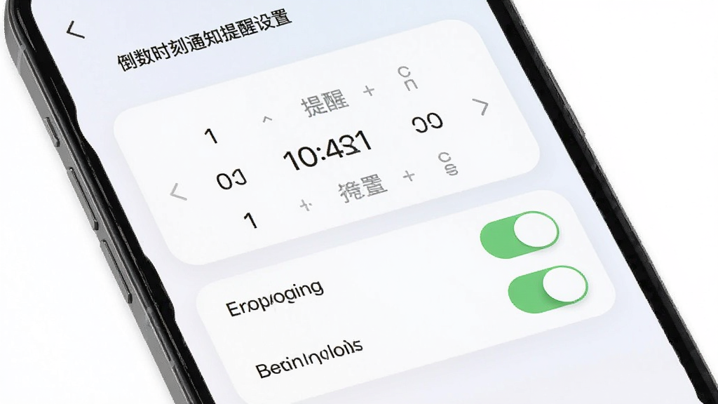 倒数时刻通知提醒设置界面,主体为手机屏幕显示提醒时间选项和开关按钮,布局为纵向排列的设置项,排版清晰,风格为柔和圆角设计,细节包括时间选择器和开关状态,画质高清干净无多余元素