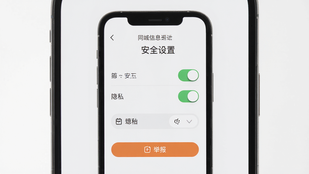 同城信息 安全设置 界面 主体为手机屏幕 布局居中 排版清晰 风格简约 细节包含隐私开关和举报按钮 画质清晰 干净 无多余元素