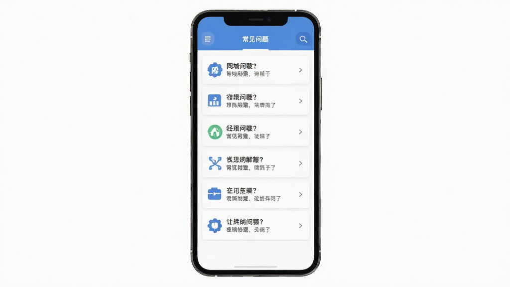 同城信息 常见问题 解答 界面 主体为手机屏幕 布局居中 排版列表式 风格扁平化 细节包含问答条目 画质清晰 干净 无多余元素