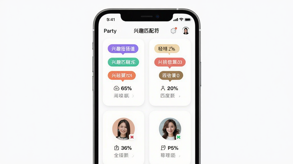 ���Party��Ȥƥ�书��չʾ����������Ϊ�ֻ���Ļ����ʾ�����Ȥ��ǩ��ƥ���û�ͷ�񣬲���Ϊ��Ƭʽ���У�������¼�Լ��ϸ�ڰ�����ɫ��ǩ��ƥ��Ȱٷֱȣ������������ɾ����޶���Ԫ��