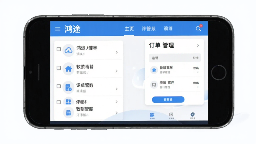 ��;����ϵͳ���棬����Ϊ�ֻ���Ļչʾ�����б��붩������ҳ�棬����Ϊ���½ṹ���Ű涥���������ײ����ܰ�ť�����Ϊ��ˬ��ƽ����ƣ�ϸ�ڰ�������;��Logo��ͼ����ɫ�����ʸ���ɾ��޶���Ԫ��