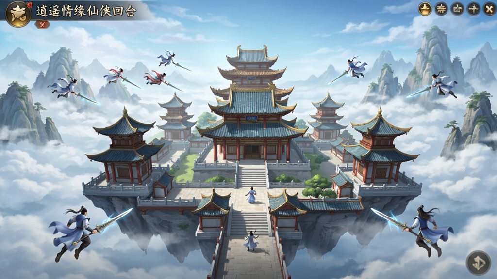 逍遥情缘仙侠回合制手游主界面展示,主体为一座漂浮在云海中的仙侠城池,布局采用中心对称构图,排版清爽,风格为国风仙侠,细节包含飞檐翘角的楼阁、御剑飞行的修士、远处连绵的山峰,画质高清,干净,无多余元素
