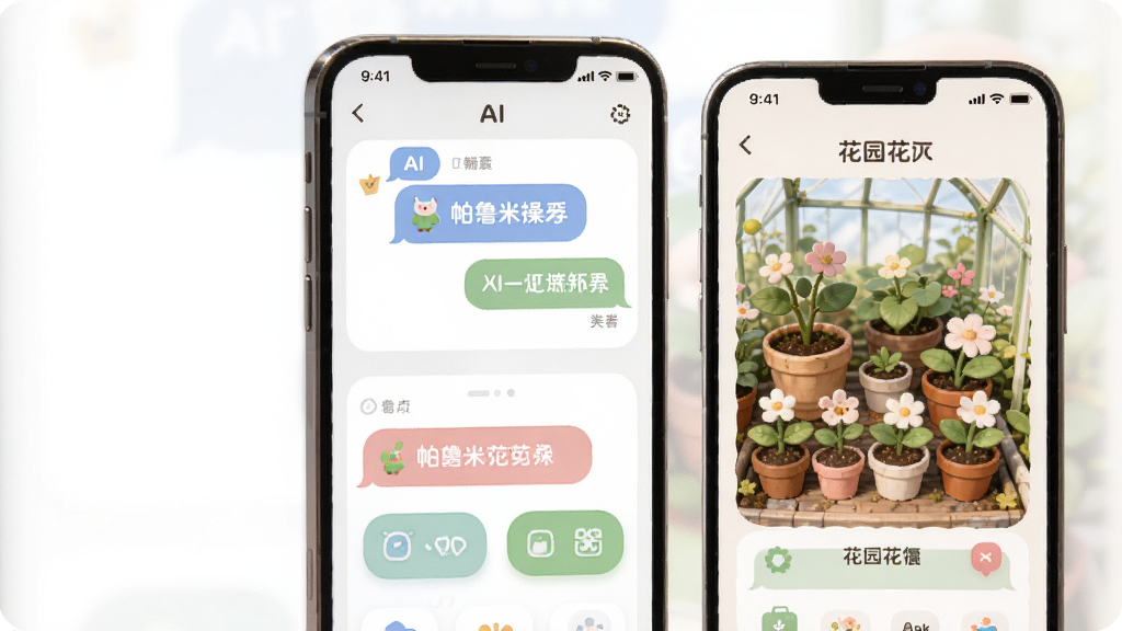������App�������棬����Ϊ�ֻ���Ļ��ʾAI�Ի��ͻ�԰��ֲ����ҳ�棬����Ϊ�������У��Ű����룬���Ϊ���¼�Լ��ϸ�ڰ���Բ�ǰ�ť�������ɫ�Ϳɰ���ֲ��ͼ�꣬���ʸ��壬�ɾ����޶���Ԫ��