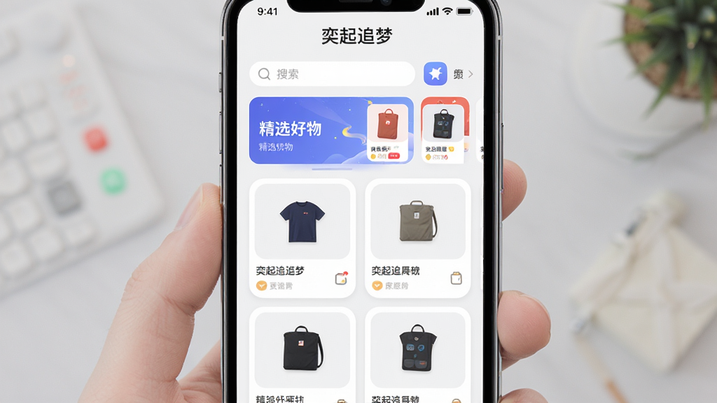 �ֻ���Ļչʾ������׷�Ρ�Ӧ�ý��棬����Ϊ���в��ֵ�APP��ҳ��ͼ���Ϸ���������;�ѡ���������·�Ϊ������Ʒ��Ƭ�����Ű�������ˬ�����Ϊ�ִ���Լ��ƽ����ƣ�ϸ�ڰ���Բ��ͼ�ꡢ�����Ӱ��ǳɫ���������������ɾ����޶���װ��Ԫ��