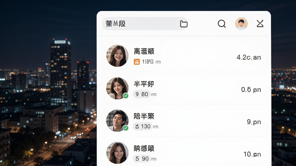 陪半半软件主界面,展示同城聊天列表,背景是城市夜景,界面清新简洁,风格温馨社交,细节有用户头像和距离标签,画质清晰,干净无多余元素