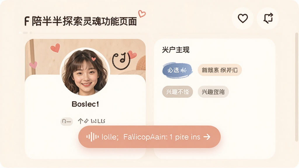 陪半半探索灵魂功能页面,展示用户个人主页和兴趣标签,布局清晰,风格温暖情感化,细节有动态心情和语音介绍按钮,画质高清,干净无多余元素