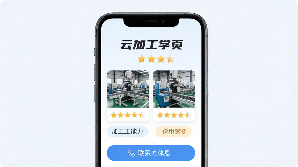 �Ƽӹ�APP��ҵ��ҳչʾ������Ϊ�ֻ���Ļ��ʾ��ҵ���ơ��豸��Ƭ�������Ǽ�������Ϊ���½ṹ���Ű����룬�������ǳɫ��ϸ�ڰ����ӹ�������ǩ����ϵ��ʽ��ť�����ʸ��壬�ɾ����޶���Ԫ��