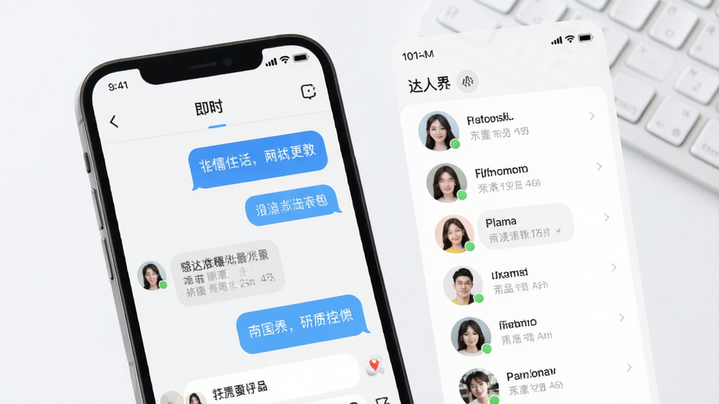 点陪软件界面展示,主体为手机屏幕显示即时聊天与达人列表,布局为左右分栏,排版清爽,风格为现代简约科技感,细节包含对话气泡与头像,画质高清干净无多余元素