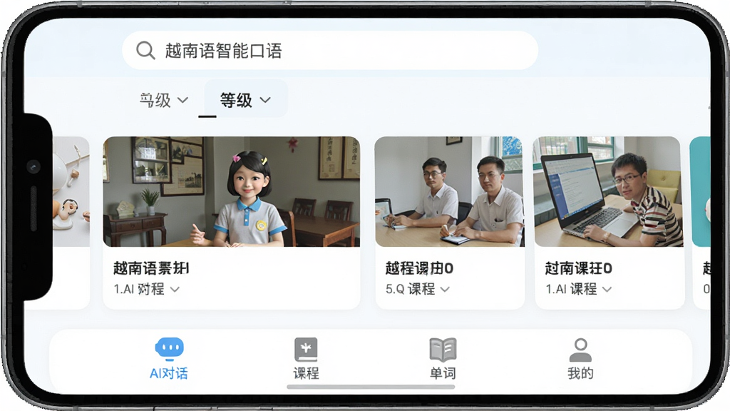 �ֻ���Ļ��ʾ��Խ�������ܿ��APP�����棬�������������͵ȼ�ѡ���м�չʾ��������γ̿�Ƭ���ײ���AI�Ի����γ̡����ʡ��ҵ��ĸ�������ť�����岼����������������£����ʸɾ����޶���Ԫ��