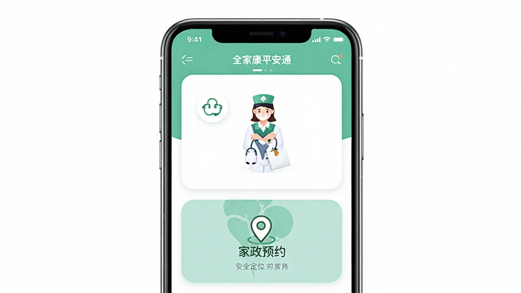 全家康平安通 手机应用界面 展示在线问诊 家政预约 安全定位三大功能模块 主体为手机屏幕 布局上下排列 排版简洁 风格清新健康 细节包含医生图标 家政人员图标 定位图标 画质高清 干净 无多余元素