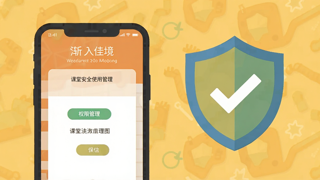 渐入佳境课堂安全使用示意图,手机屏幕显示权限管理页面,旁边有盾牌图标和勾选标记,暖色背景,扁平化设计,排版简洁,高清画质,干净无多余元素