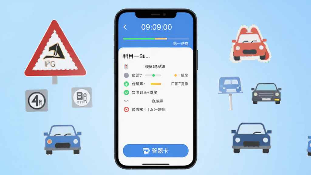 �ݿ��ƿ����ֻ�App����չʾ����Ļ������ʾ��Ŀһģ�⿼�Դ���ҳ�棬�����м�ʱ���ͽ��������ײ��д��⿨��ť������Ϊǳ��ɫ���䣬��Χ���ƽ�ͨ��־������ͼ�꣬��������ˬ��࣬UI��Ʊ�ƽ���������������ɾ��޶���Ԫ��