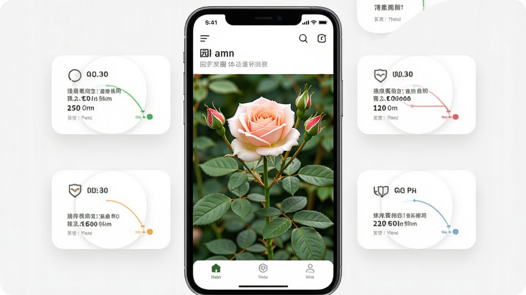 手机屏幕显示园艺圈应用界面,画面中央是一株正在生长的月季花,周围环绕时间轴记录卡片,布局简洁清晰,排版为上下结构,风格清新自然,细节包括绿色叶片和花苞,画质高清,干净,无多余元素