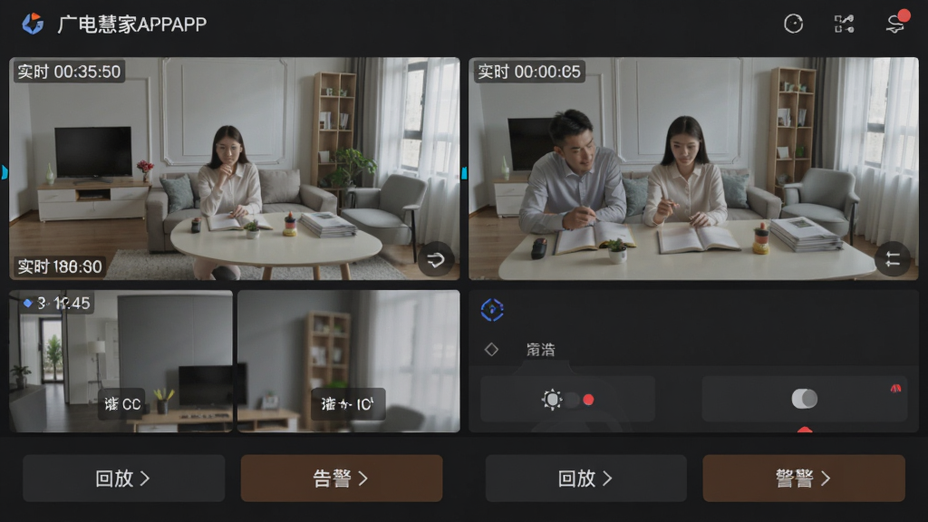 ���ۼ�APP�ǻۿ��ҹ��ܽ��棬�����Ϊ�Ĺ����ػ��棬����Ϊ���½ṹ���Ϸ�Ϊʵʱ��Ƶ�����·�Ϊ�ط���澯��ť���Ű�����ֱ�ۣ����Ϊ��ɫ����ȫ��ط磬ϸ�ڰ���ʱ������������л���ť�����ʸ��壬�ɾ��޶���Ԫ�ء�