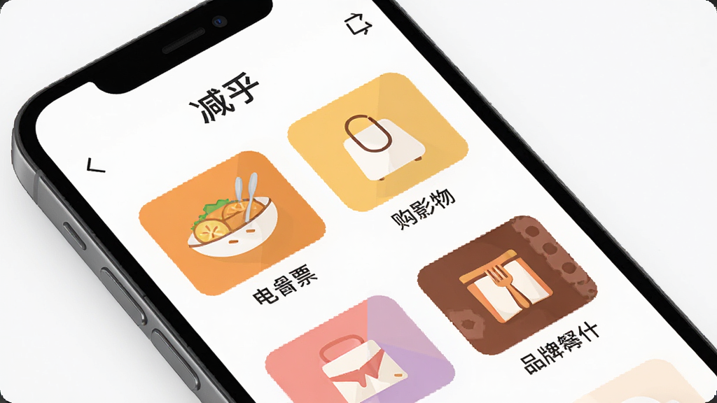 ����APP��ҳչʾ�����Ż�Ȩ���飬�ֻ���Ļ�г�����ʳ�������ӰƱ��Ʒ�Ʋ���ͼ�꣬�����ɾ���࣬�ִ���ƽ����Ʒ�񣬻����������������ֱ�ע�������������ʸ��壬�޶���Ԫ��