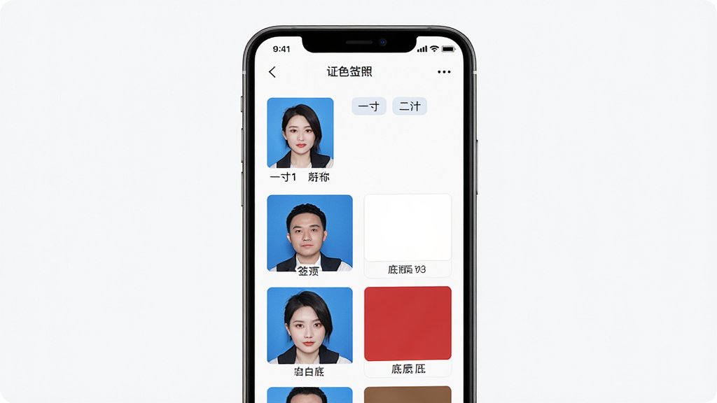 最美高清证件照应用界面展示,主体为手机屏幕中显示多种证件照规格列表和底色选项,布局为居中展示手机界面,排版整齐清晰,风格为现代简约科技感,细节包括一寸二寸签证等标签和蓝白红底色块,画质高清,干净,无多余元素
