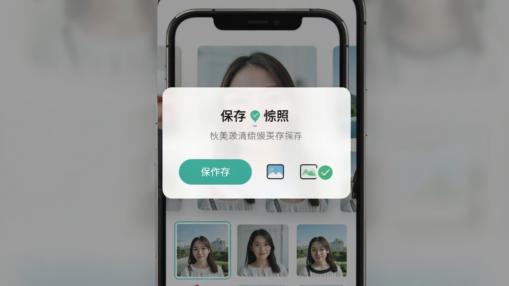 最美高清证件照一键保存操作界面,主体为手机屏幕显示保存成功提示和相册缩略图,布局为居中弹窗展示,排版直观,风格为清新浅色系UI,细节包括保存按钮、相册图标和成功对勾,画质高清,干净,无多余元素