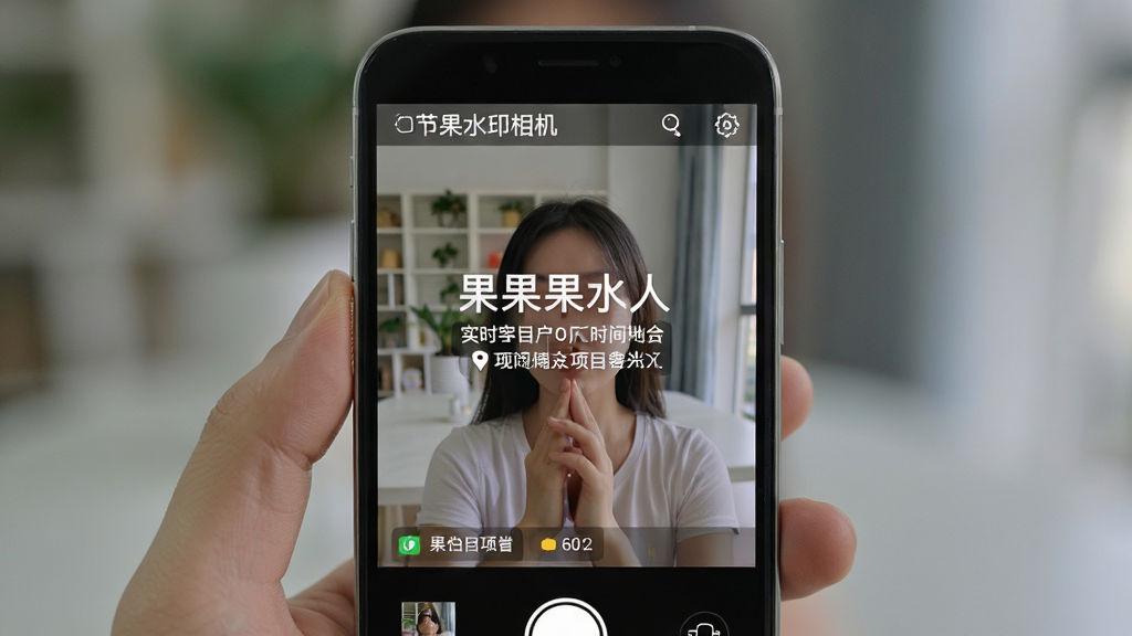 果果水印相机应用界面展示,主体为手机屏幕显示高清拍照画面,水印包含实时时间地点和项目名称,布局居中,排版清晰,风格为现代科技感,细节包含水印文字清晰可见,画质高清,干净,无多余元素