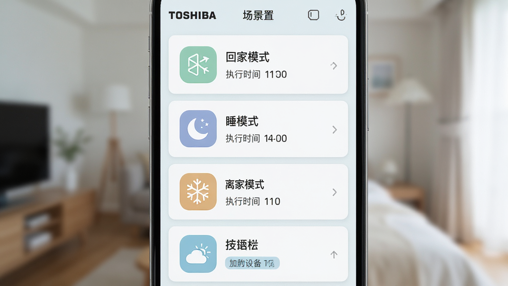 东芝空调App场景设置界面,手机屏幕展示场景卡片列表,包含回家模式、睡眠模式、离家模式等,布局为纵向列表,排版整齐,风格清新浅色,细节包括场景图标、执行时间、设备数量标签,画质高清,干净,无多余元素