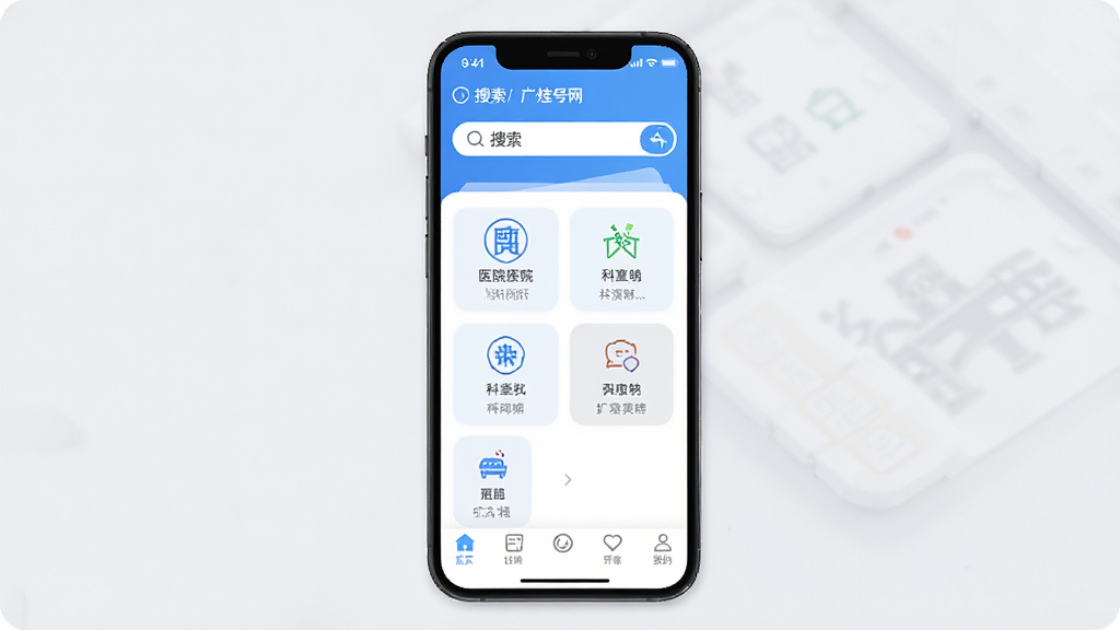 ���ݹҺ���App��ҳ����չʾҽԺ��������ҵ���������Ϊ�ֻ���Ļ����ҳ���֣�����Ϊ�����������в�������ڼӵײ����������Ű����룬����ִ�ҽ�Ʒ磬ϸ�ڰ���ҽԺͼ������ҷ��࣬���ʸ��壬�ɾ����޶���Ԫ��