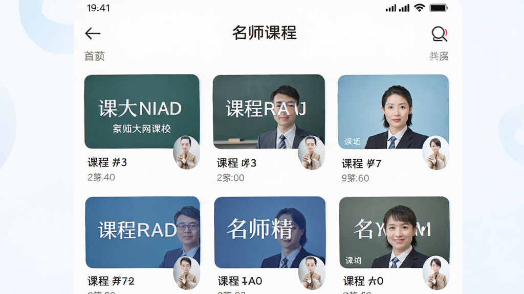 师大网校APP首页展示名师课程列表,界面简洁明亮,风格清新教育类,细节包含课程封面与教师头像,画质清晰干净,无多余元素