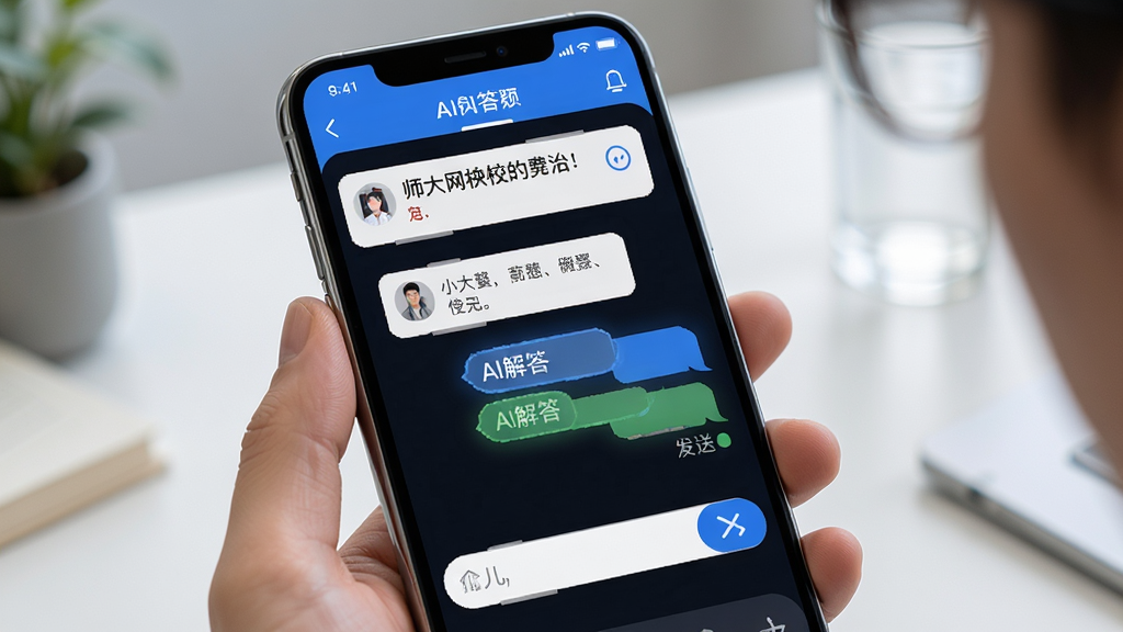 师大网校APP内AI答疑界面,手机屏幕显示题目与AI解答对话,布局清晰,风格科技教育感,细节有输入框与发送按钮,画质高清干净,无多余元素