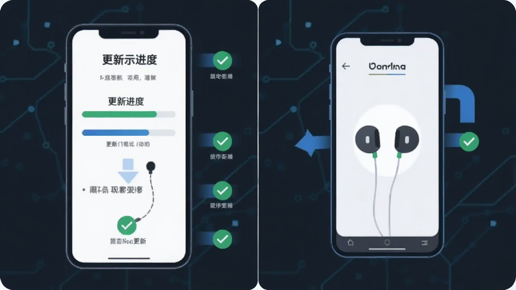 一张信息图展示Vidda玩家应用的固件更新流程,主体为手机屏幕显示更新进度条和耳机图标,布局为左右分栏,左侧为步骤说明,右侧为设备示意图,排版整齐,风格为扁平化科技插画,细节包括蓝色箭头和绿色完成勾选标记,画质清晰,干净,无多余元素