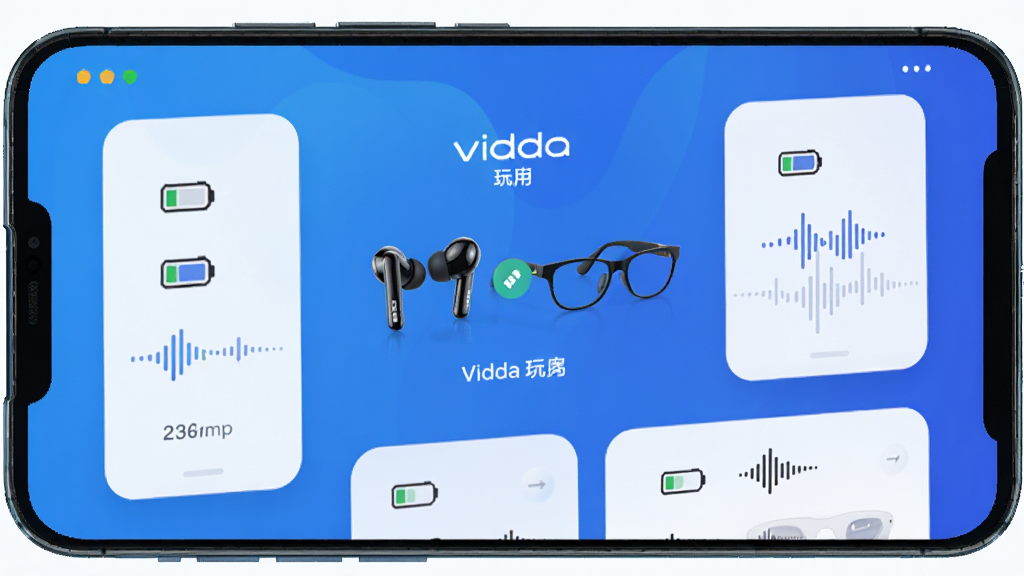 一部智能手机屏幕显示Vidda玩家应用界面,界面中央展示一副无线耳机和智能眼镜的设备连接状态,周围环绕电量图标和音效波形图,布局清晰,排版简洁,风格为现代科技感UI设计,细节包括蓝色渐变背景和白色卡片式元素,画质高清,干净,无多余元素
