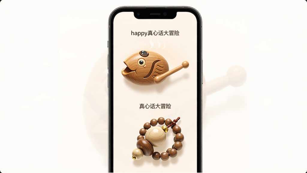 ���Ļ���ð��happy����ľ��ͷ��鹦�ܽ��棬����Ϊ�ֻ���Ļ��ʾľ��ͷ��鶯���������������У��Ű���������������Լ��ϸ�ڰ���ľ����������͹�Ч�����ʸ��壬�ɾ����޶���Ԫ��