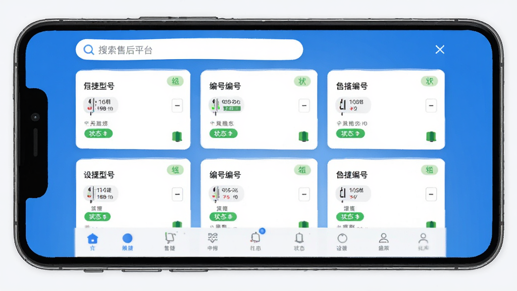 中捷售后平台 设备管理列表界面 手机屏幕截图 展示多台缝纫机设备卡片 每张卡片包含设备型号 编号 状态标签 顶部搜索栏 底部导航栏 布局清晰 现代简约风格 扁平化设计 蓝白配色 干净无多余元素 高清画质
