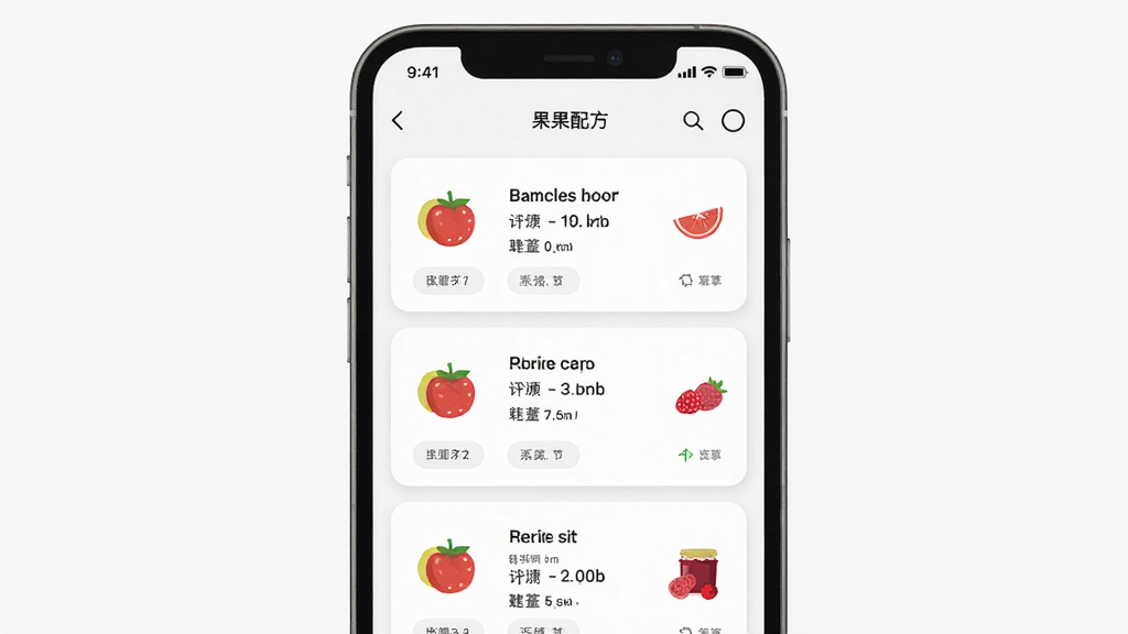 我爱倒果酱软件界面展示,主体为手机屏幕中显示果酱配方列表,布局为居中展示手机正面,排版简洁清晰,风格为现代扁平化设计,细节包括配方卡片、水果图标、筛选按钮,画质高清,干净,无多余元素