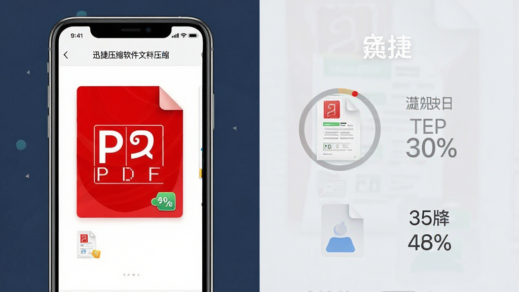 迅捷压缩软件文档压缩功能演示图,主体为手机屏幕显示PDF文件压缩前后体积对比,布局左右分栏,排版简洁,风格为商务办公风,细节包含文件图标与百分比数字,画质清晰,干净,无多余元素