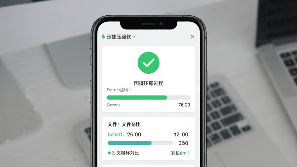 迅捷压缩软件界面截图,主体为手机屏幕显示图片压缩进度条与文件体积对比数据,布局居中,排版清晰,风格为简约科技风,细节包含绿色对勾图标与文件大小数字,画质高清,干净,无多余元素