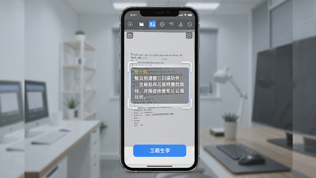 智云扫描软件功能界面展示,主体为手机屏幕显示文档扫描识别过程,布局居中,排版简洁,风格现代科技感,细节包含文字提取框和翻译按钮,画质清晰,干净,无多余元素