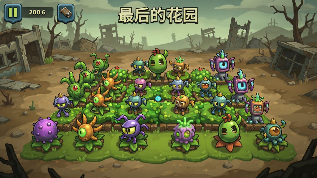 最后的花园游戏主界面,末世荒原背景中一片绿色花园,各种变异植物排列成防御阵型,卡通风格,色彩鲜明,画面干净,高质量游戏截图