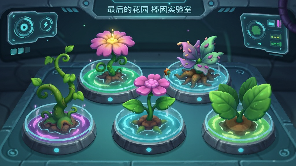 最后的花园基因实验室界面,多株变异植物展示不同进化形态,藤蔓、花瓣、绿叶等植物在培养皿中发光,科技感UI界面,卡通风格,细节丰富,画质清晰