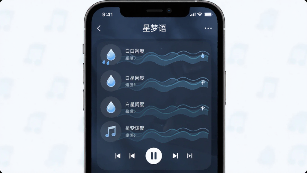 星梦语软件界面展示,主体为手机屏幕显示白噪音播放列表,布局居中,排版简洁,风格清新自然,细节包含雨滴图标与波浪线条,画质清晰,干净,无多余元素