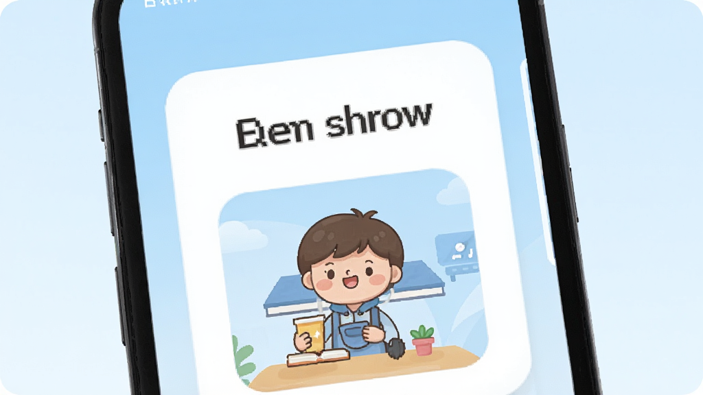 ������һ���ֻ���Ļ����Ļ����ʾAI show�����ټǵ�ÿ��ѧϰ��Ƭ����Ƭ����Ӣ�ĵ��ʺͶ�Ӧ�Ŀ�ͨͼƬ������Ϊ���½ṹ���Ϸ��ǵ����·���ͼƬ���Ű������������Ϊ���±�ƽ����ϸ���Ͽ�Ƭ��Ե��Բ�ǣ�����Ϊ����ɫ���䣬���ʸ��壬�ɾ����޶���Ԫ��